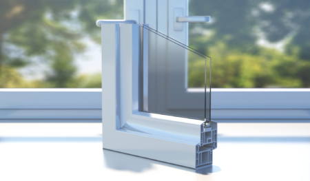 Pvc Aluminum Profile Frame Double Glazing Cross Section On A Closed Window Sill. 3d Illustration