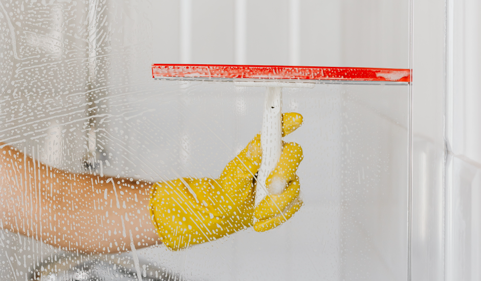 Someone cleaning shower glass