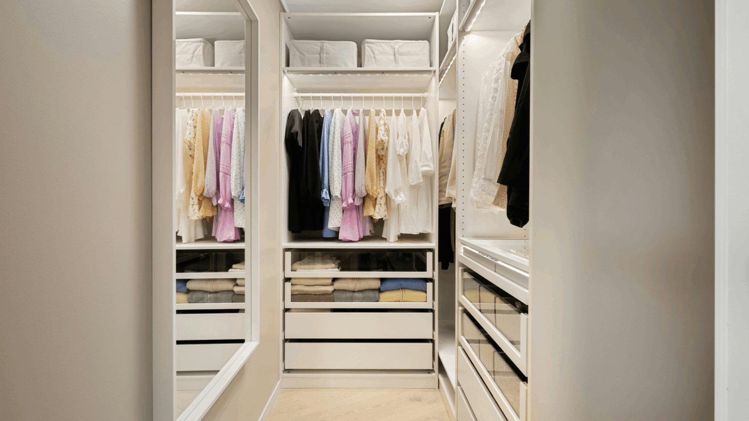 Modern walk-in wardrobe interior in Australia at a home served by True Blue Glass, showing neatly organised clothing on hanging rails, built-in drawers and shelves with a clean, minimalist storage design.